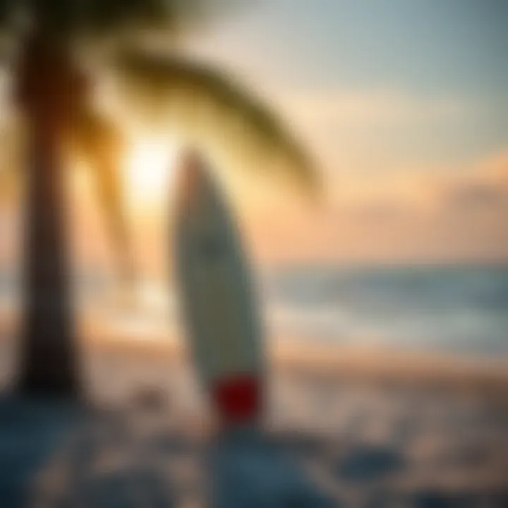 Surfboard at the Beach A serene beach setting with a surfboard propped against a palm tree
