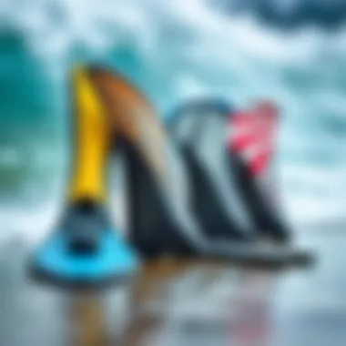 Different types of fins displayed on a surface for comparison