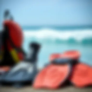 Safety gear and fins arranged together for swimming preparation