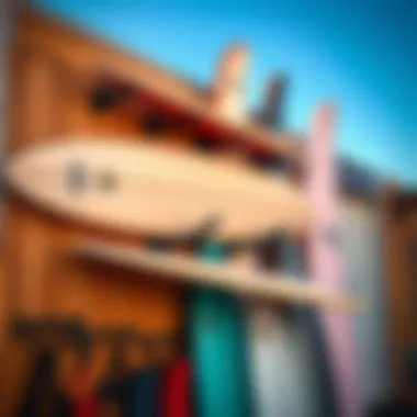 Demonstration of surfboard storage using wall-mounted hangers