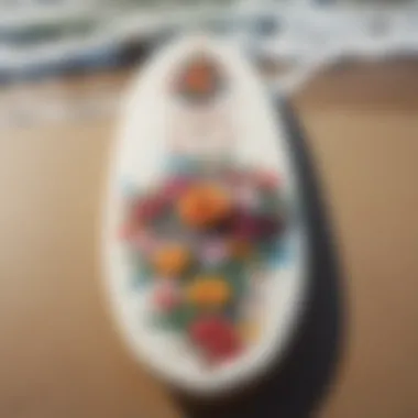 Floral Tribute on Surfboard A surfboard adorned with flowers for a memorial