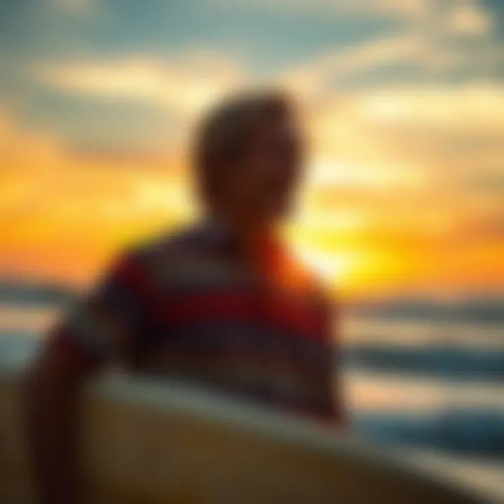 Surfer Embracing the Spirit of the Ocean in Pendleton A surfer wearing a Pendleton shirt against a vibrant beach sunset