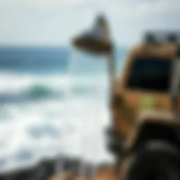 A portable shower head showcased against a natural backdrop.