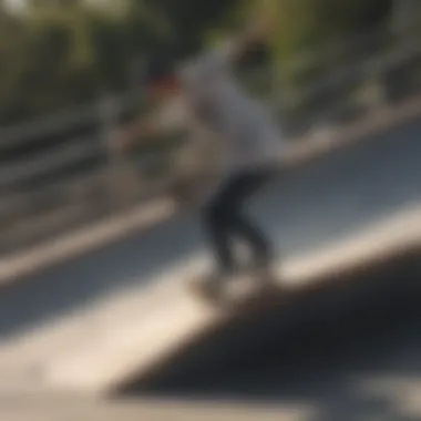 Skateboarder performing a trick on a Powell Peralta deck at a skate park.