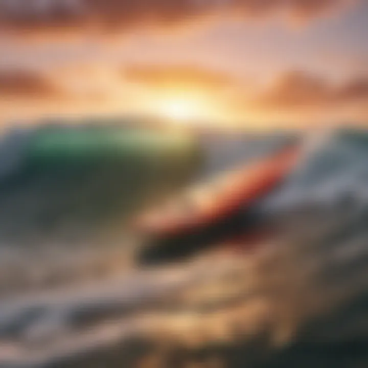 A stunning sunset backdrop highlighting an RC surf board in motion