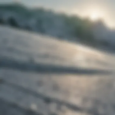 A close-up of water droplets on a surfboard after a ride