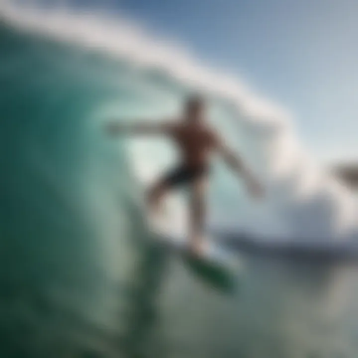 A surfer wearing RS shorts while catching a wave