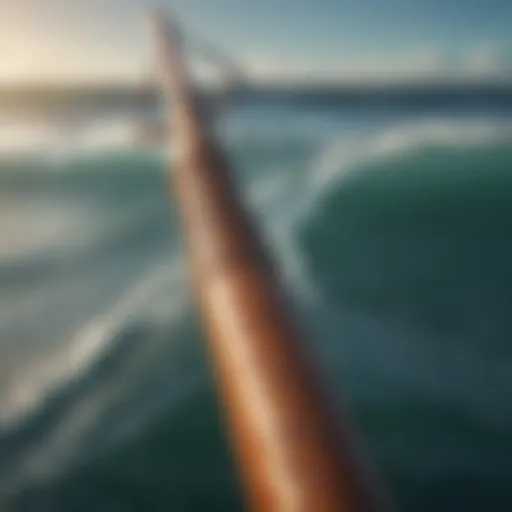 A close-up view of a twelve-foot surf rod showcasing its intricate design and components.