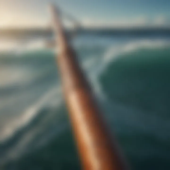 A close-up view of a twelve-foot surf rod showcasing its intricate design and components.