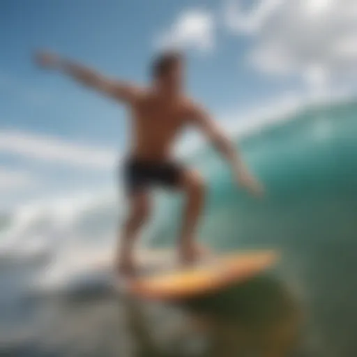 A beginner learning to skimboard on a sunny beach