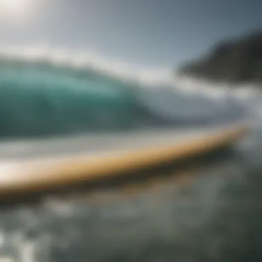 Close-up of surfboard and training equipment