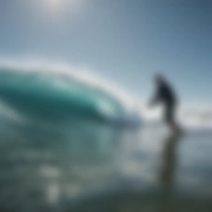 An angler casting a line into the surf, surrounded by gentle waves and a clear blue sky.