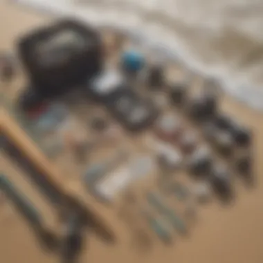 A close-up of surf fishing gear laid out on the sand, including rods, reels, and tackle boxes.