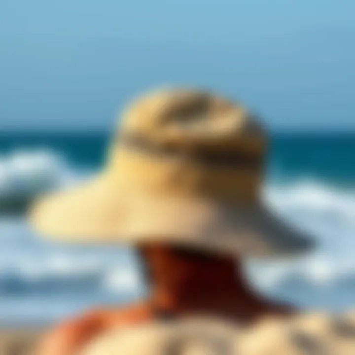 A stylish surf hat with a strap in a beach setting