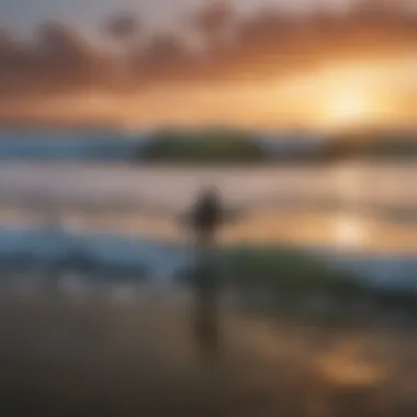 A picturesque view of South Padre Island's coastline during sunset, showcasing surfers riding waves.