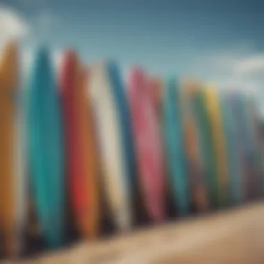 Colorful surfboards lined up on the beach, reflecting the vibrant local surf culture.