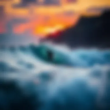 Surfers enjoying the waves during a vibrant sunset
