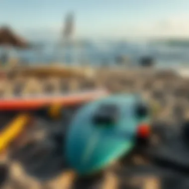 Essential surfing gear laid out on the beach