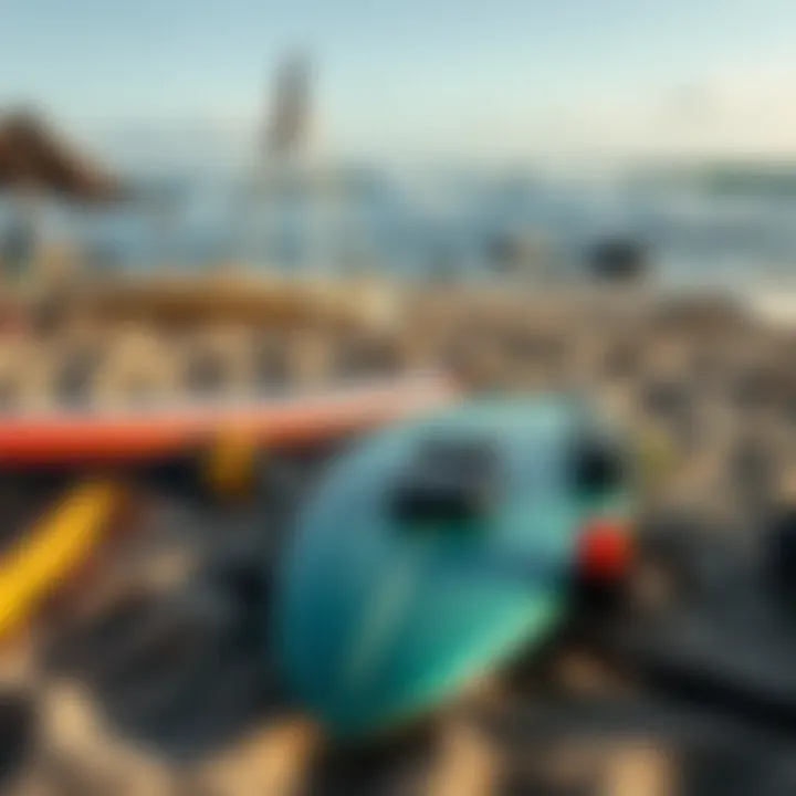 Essential surfing gear laid out on the beach