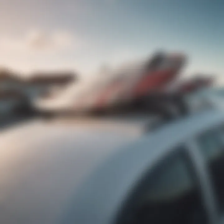 Close-up view of securely fastened surfboards on a roof rack, emphasizing safety features.