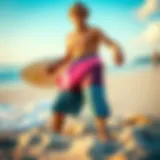 Vibrant Surf Culture Vibrant surfer board shorts on a sandy beach