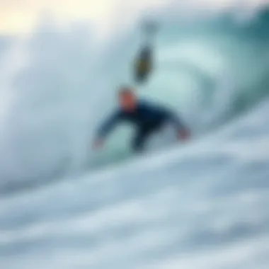 A surfer utilizing a long-distance casting reel in a dynamic surf environment.
