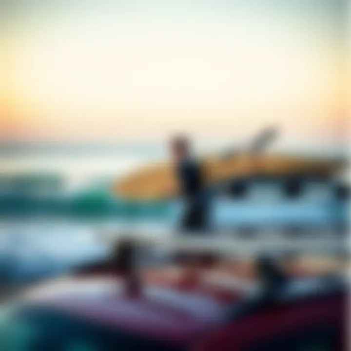 Surf Culture and Yakima Roof Rack Experience A scenic view of a surfer loading a surfboard onto a Yakima roof rack, reflecting surf culture.