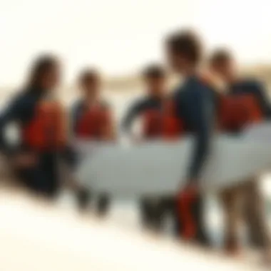 A group of surfers discussing safety gear on the beach.