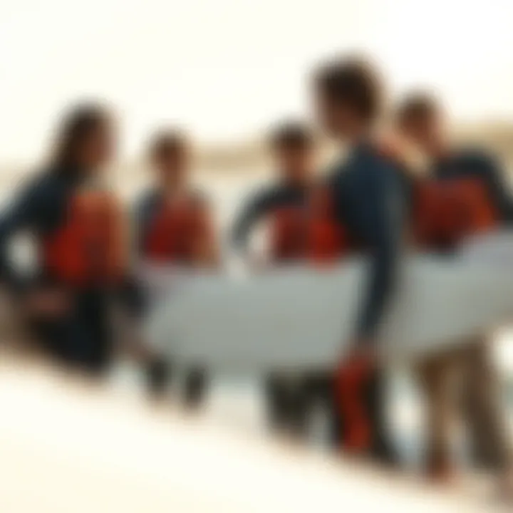 A group of surfers discussing safety gear on the beach.