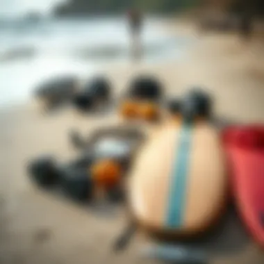 Essential longboard gear laid out on the beach