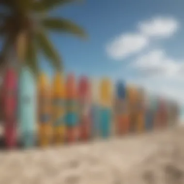 Surfboards lined up on the beach in Cozumel