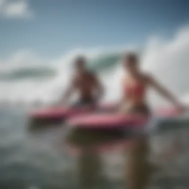 Close-up of essential gear for tandem boogie boarding, including boards and safety equipment.