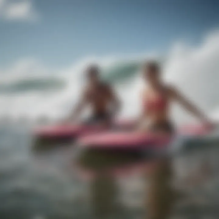 Close-up of essential gear for tandem boogie boarding, including boards and safety equipment.