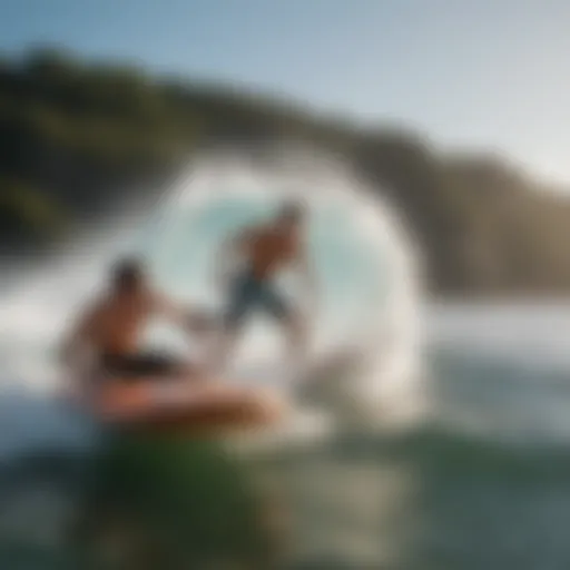 A dynamic scene of tandem boogie boarding showcasing teamwork on the waves.