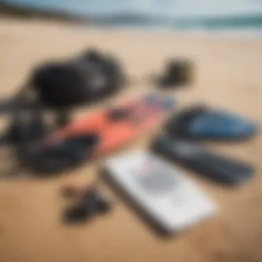 Essential kiteboarding gear laid out on the sandy beach