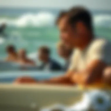 Collaborative Approach to Breath Control Among Surfers Group of surfers engaging in breath control exercises