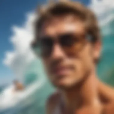 Surfer's Perspective: Sunglasses in Action Surfer wearing sunglasses while catching a wave