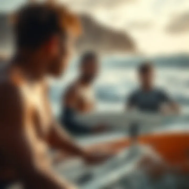 Group of surfers sharing experiences and tips