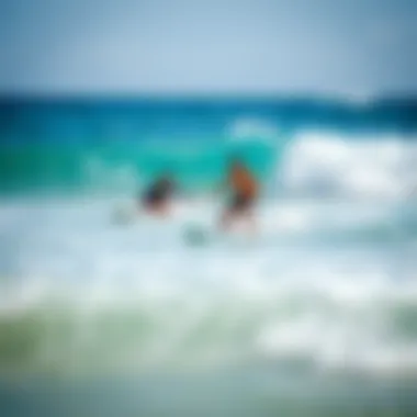 A serene beach scene showcasing beginners learning to surf on gentle waves.