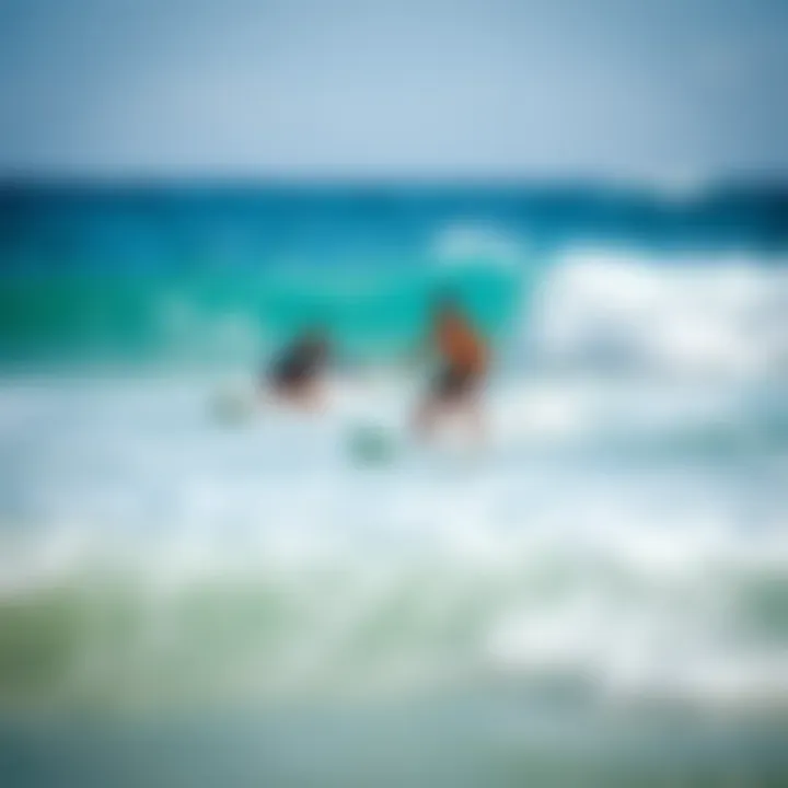 A serene beach scene showcasing beginners learning to surf on gentle waves.