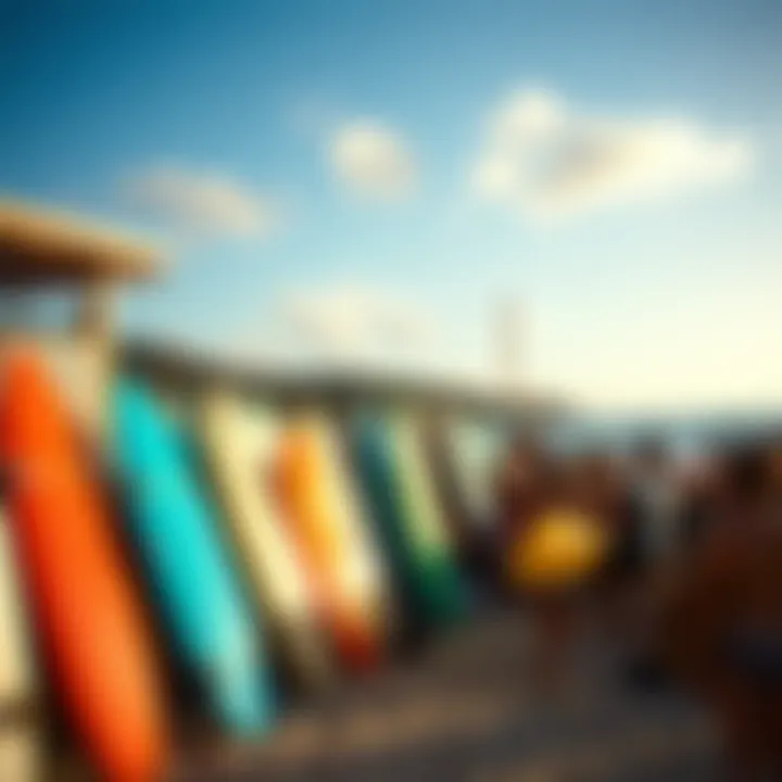 A vibrant local surf culture with colorful surfboards and lively beach atmosphere.