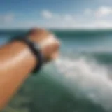 Artistic representation of a shark wristband in a surf setting