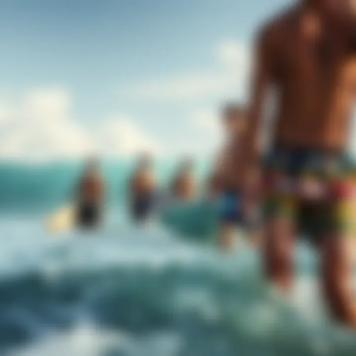 Diverse Surfers in Boardshorts A diverse group of surfers enjoying the ocean while wearing different boardshort brands.