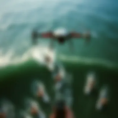 Aerial Perspectives on Surfing Aerial view of surfers being filmed by a drone