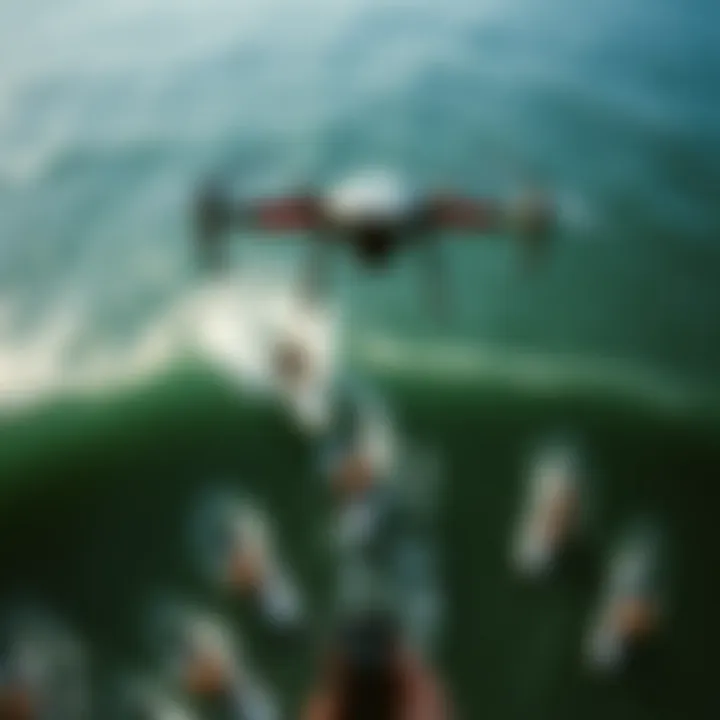 Aerial Perspectives on Surfing Aerial view of surfers being filmed by a drone