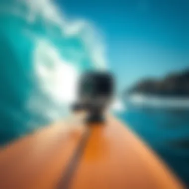 Innovative Technology on Board Close-up of a high-tech self-following camera on a surfboard