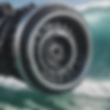 A close-up view of the mechanics within a surfing practice machine