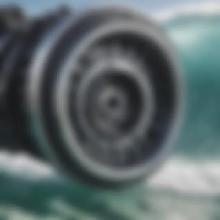 A close-up view of the mechanics within a surfing practice machine