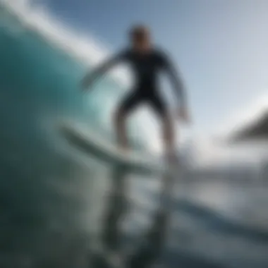 A surfer training on a practice machine, showcasing skill enhancement