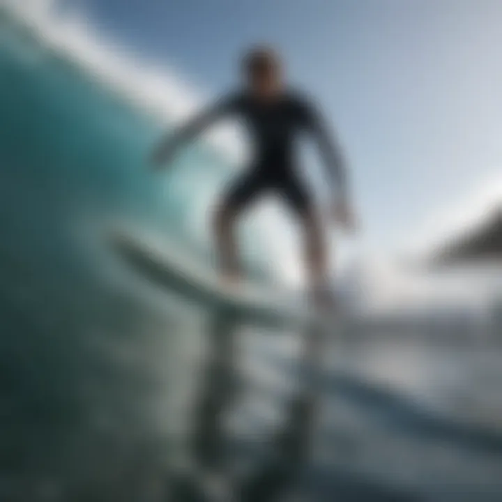 A surfer training on a practice machine, showcasing skill enhancement